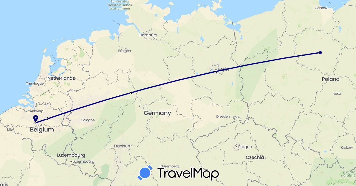 TravelMap itinerary: driving in Belgium, Poland (Europe)